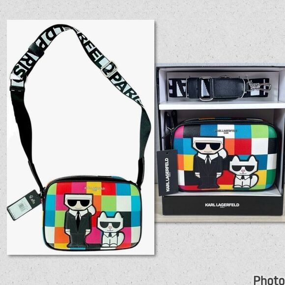 NWT Rare KARL LAGERFELD Cat Maybelle Camera Multi Color Crossbody Bag Gift  Box - Picture 1 of 12